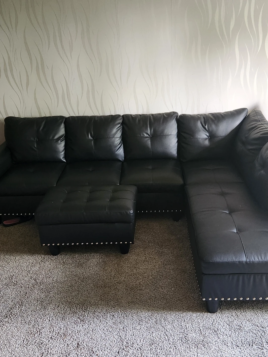 Black Faux Leather Sectional Sofa with Ottoman - photo 2