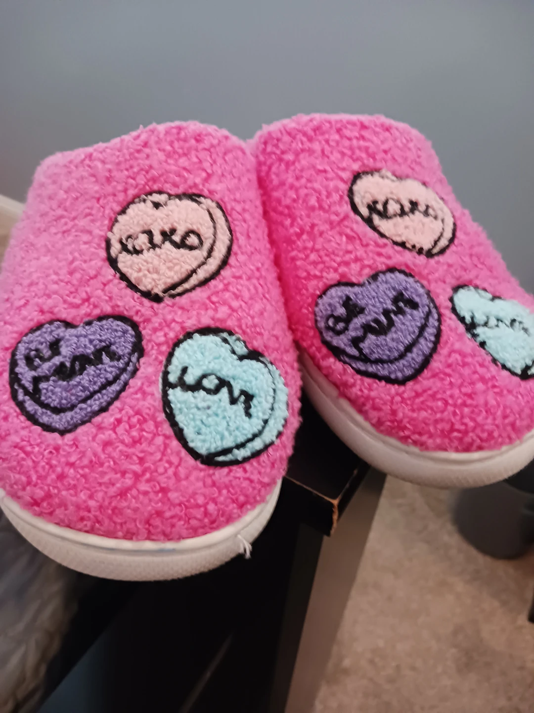 Pink Fuzzy Slippers with Candy Heart Design