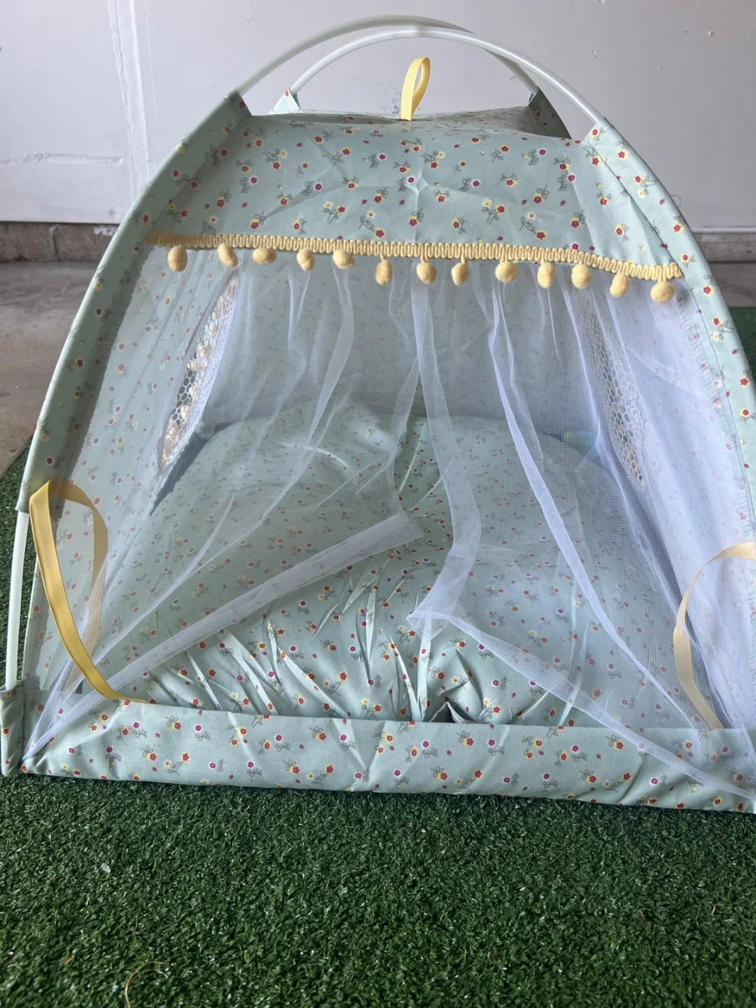 Floral Print Mosquito Net Tent with Pom Pom Trim