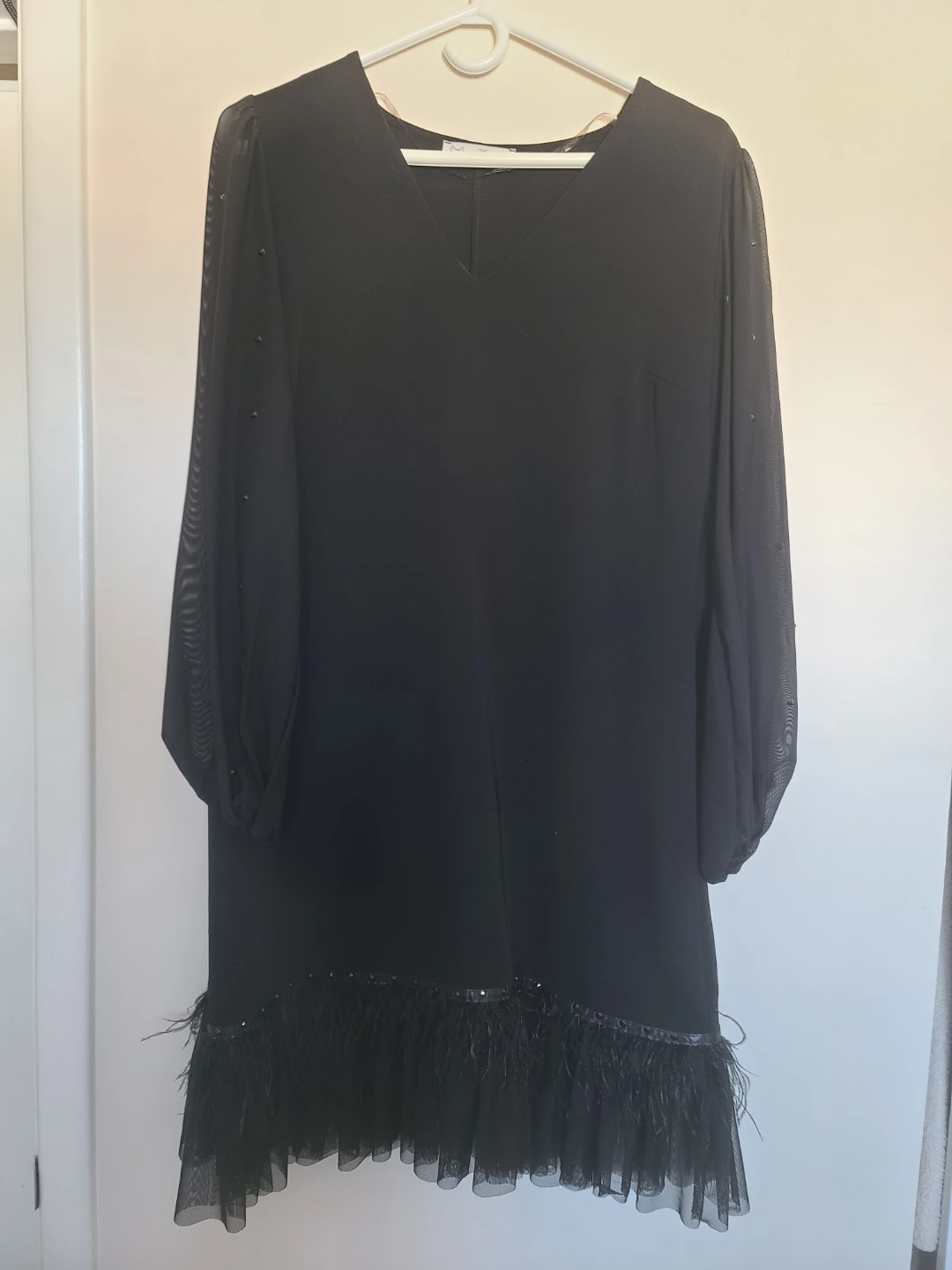 Black Feather and Beaded Sleeve Dress