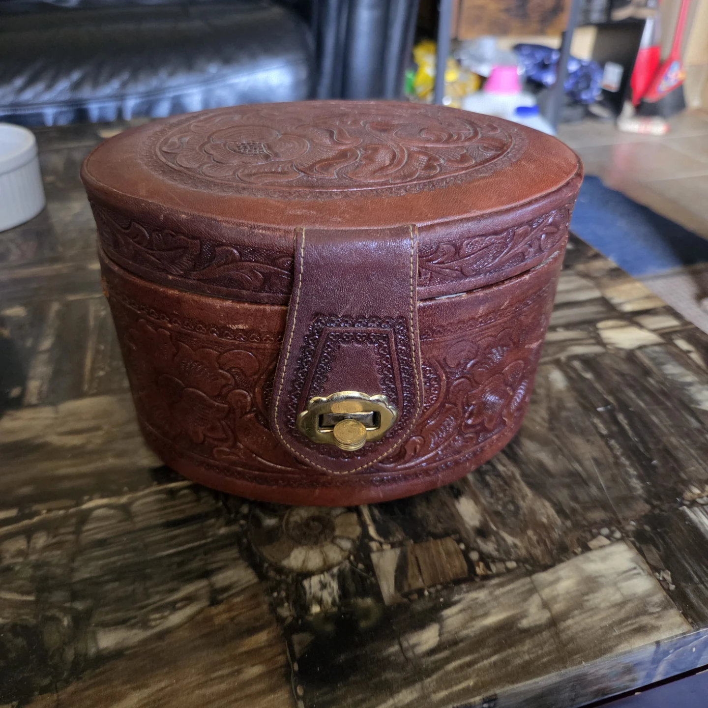 Vintage Embossed Leather Train Case with Mirror