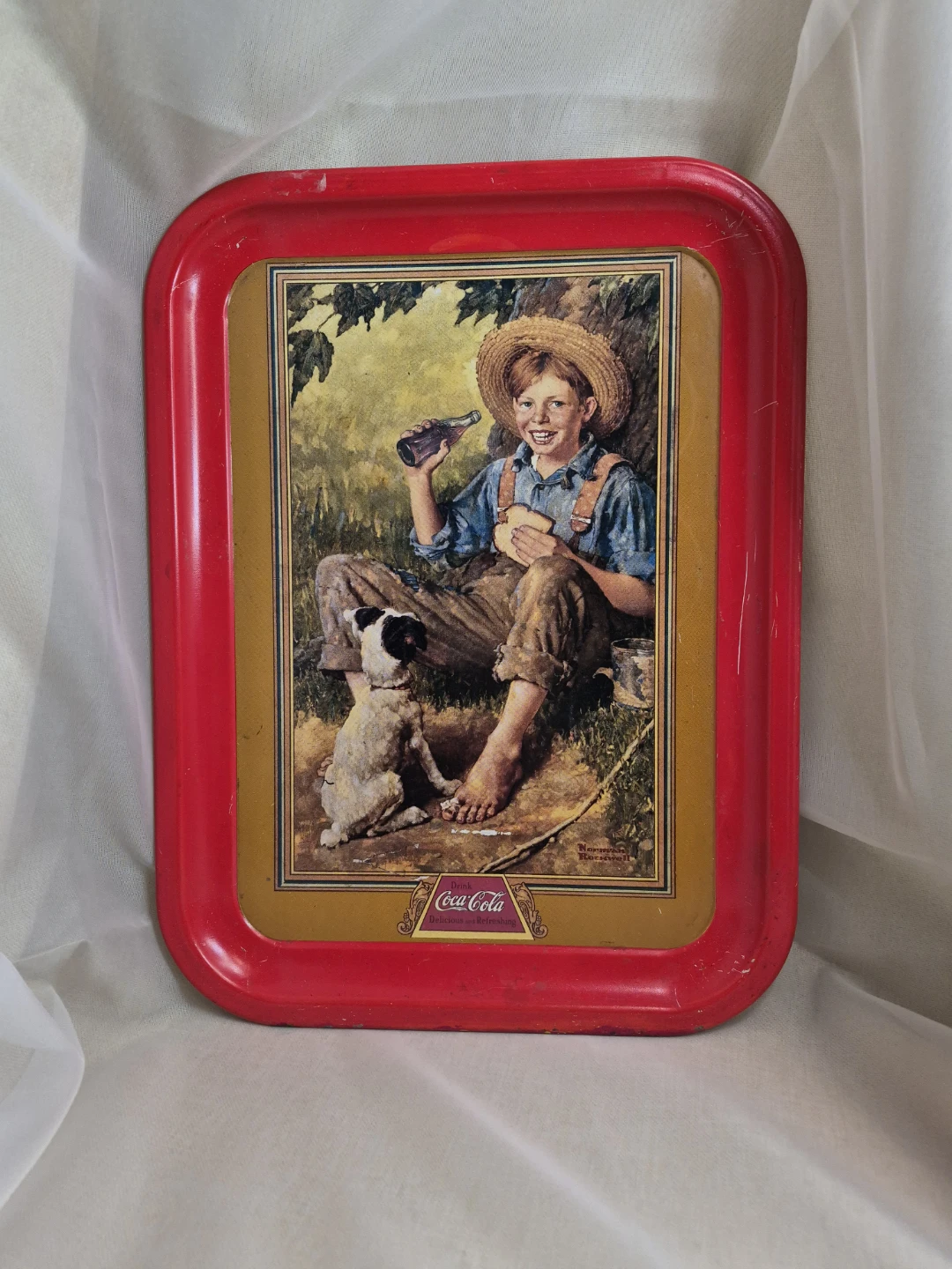 Vintage 1991 Coca-Cola Norman Rockwell "Barefoot Boy" Metal Tray