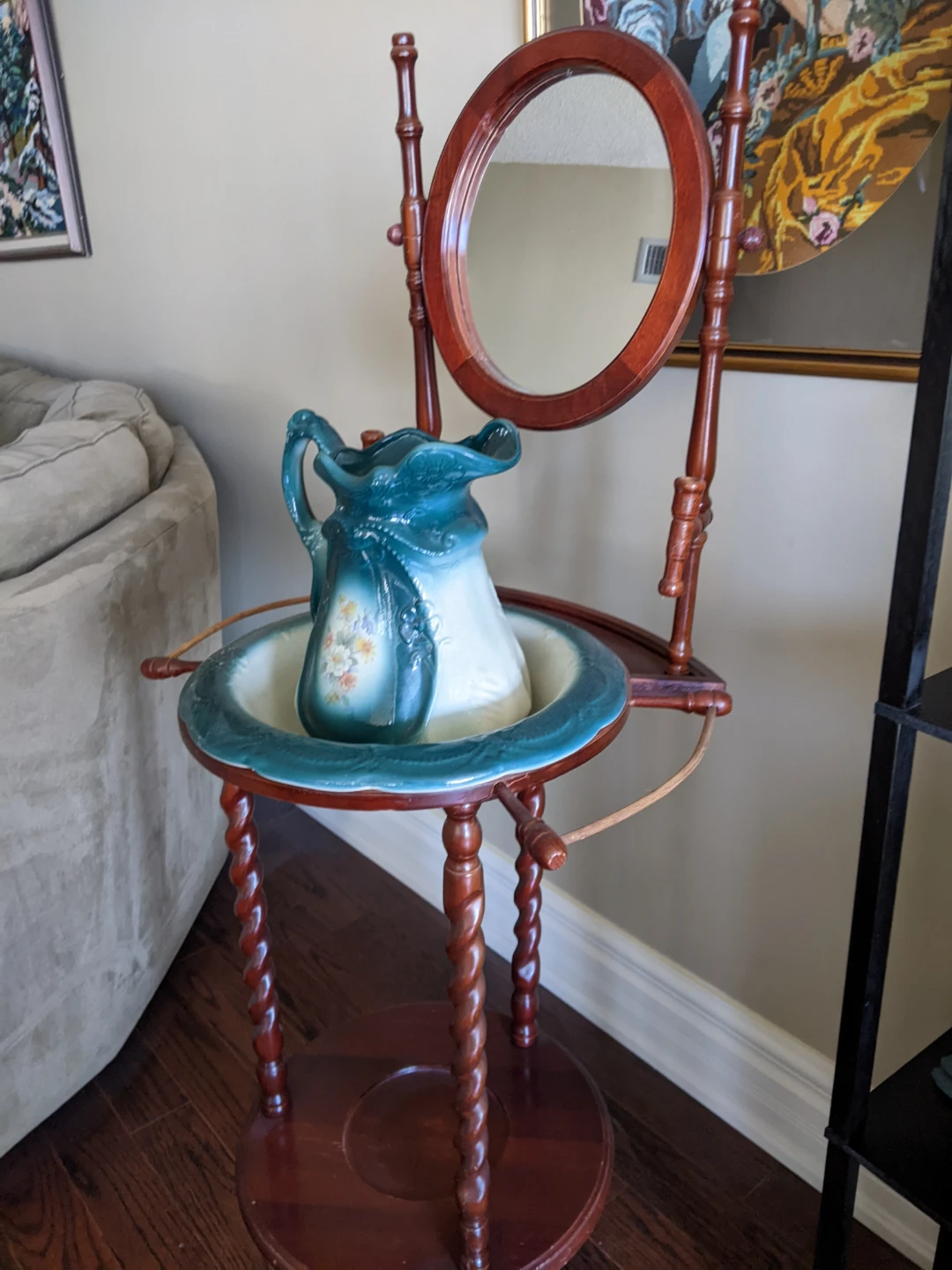 Antique Wash Stand with Mirror and Pitcher