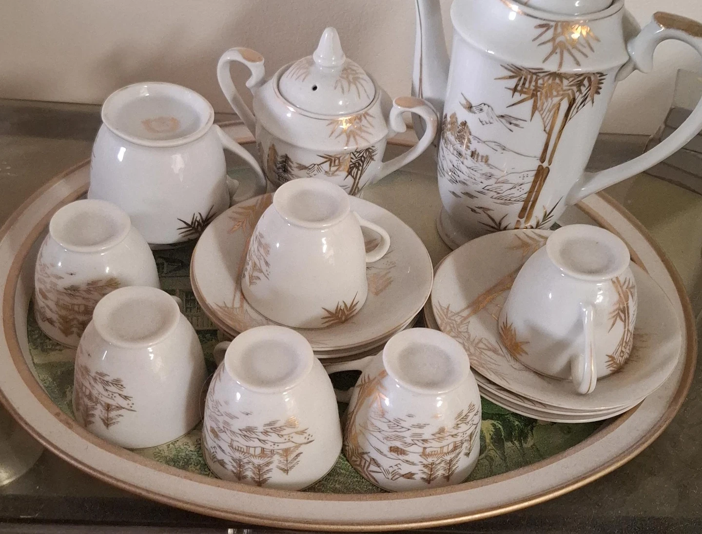 White Tea Set with Gold Bamboo Design
