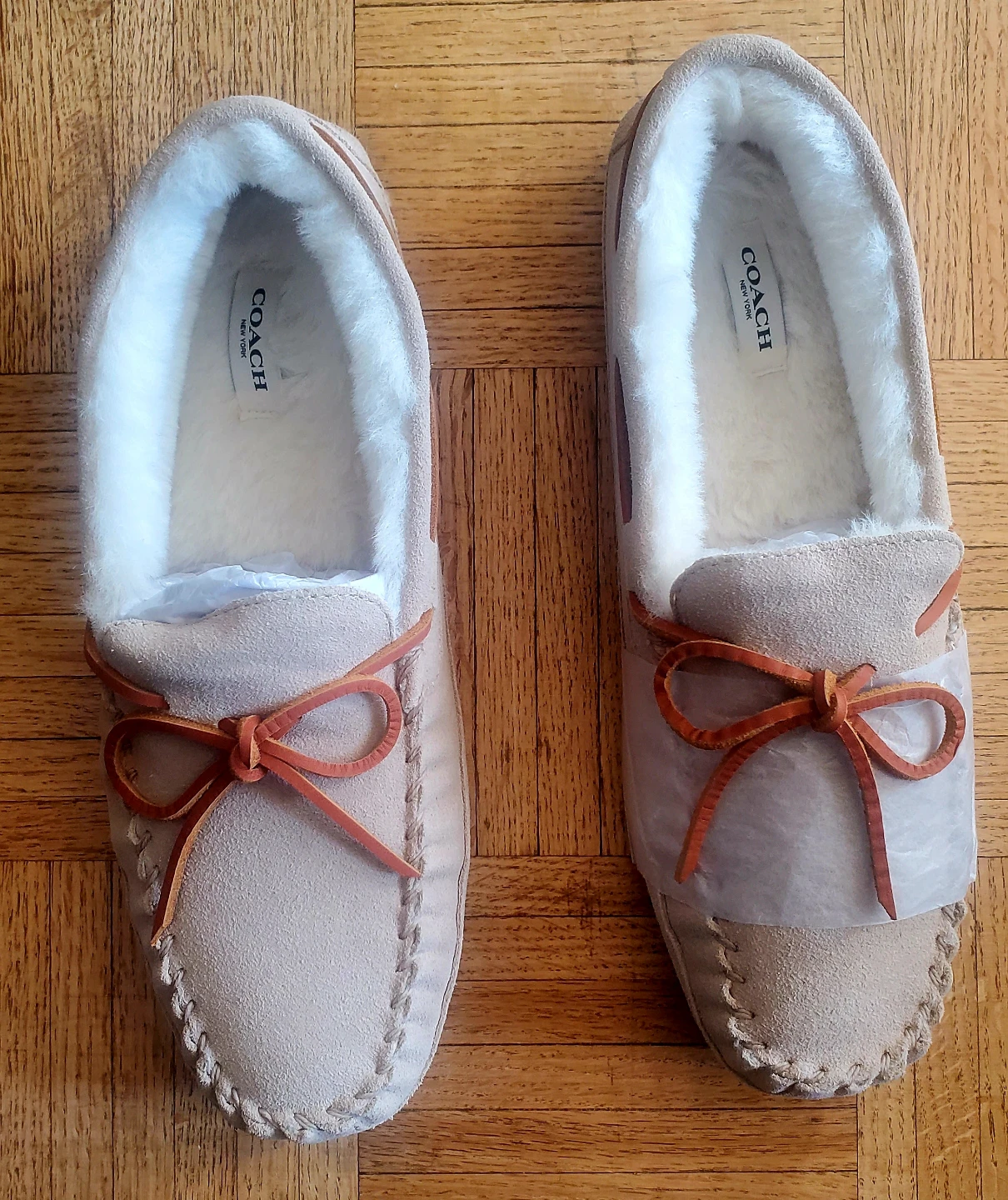 Coach Suede Shearling Moccasin Slippers - Beige