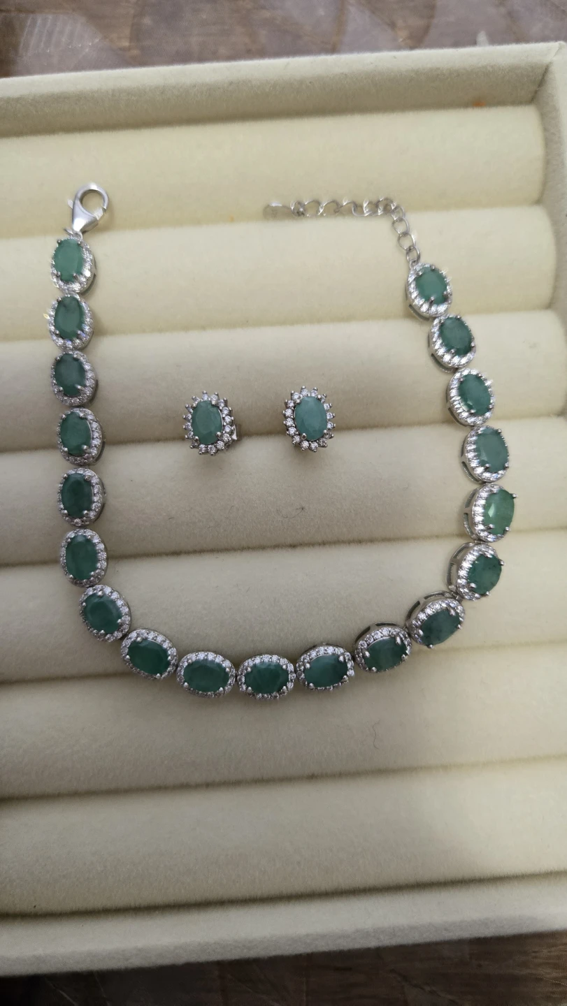 Emerald and Diamond Tennis Bracelet and Earrings Set