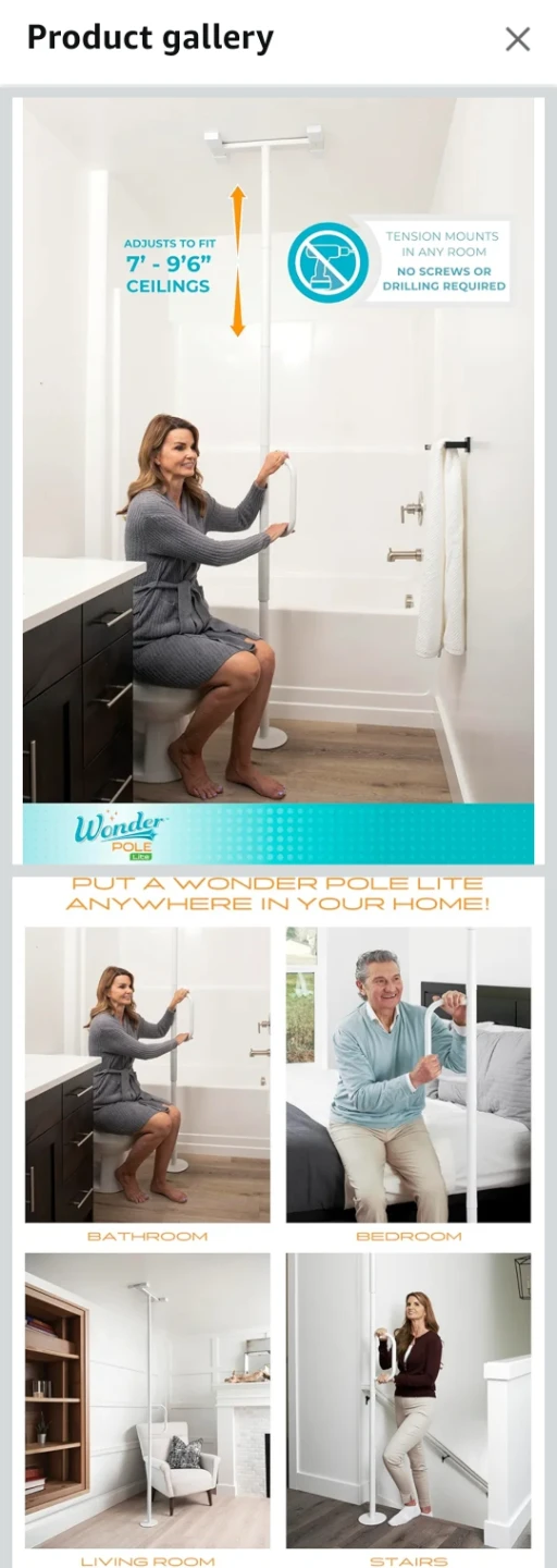 Stander Wonder Pole  -  Floor-to-Ceiling Safety Rail Grab Bar - photo 5