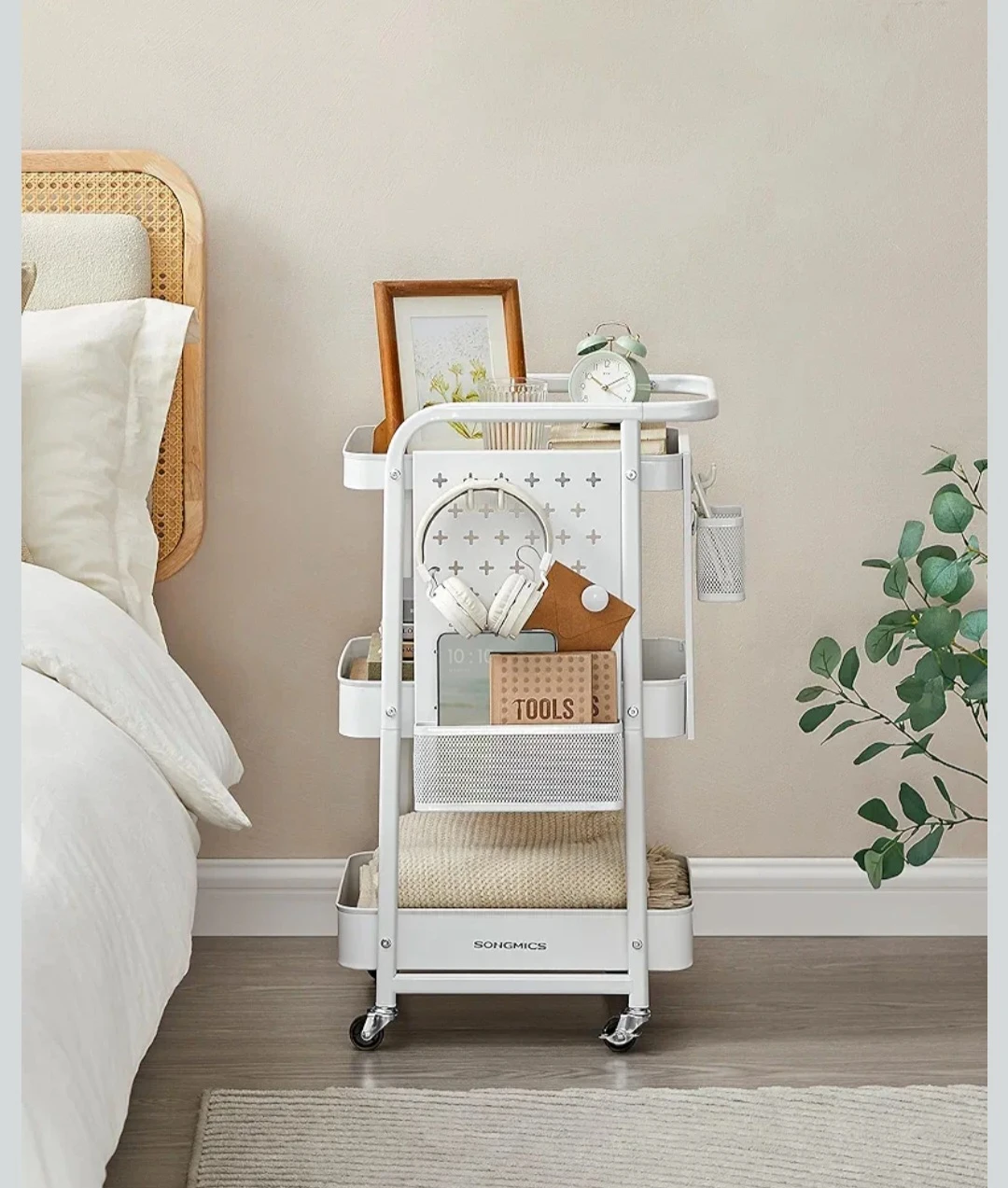 SONGMICS White 3-Tier Rolling Storage Cart