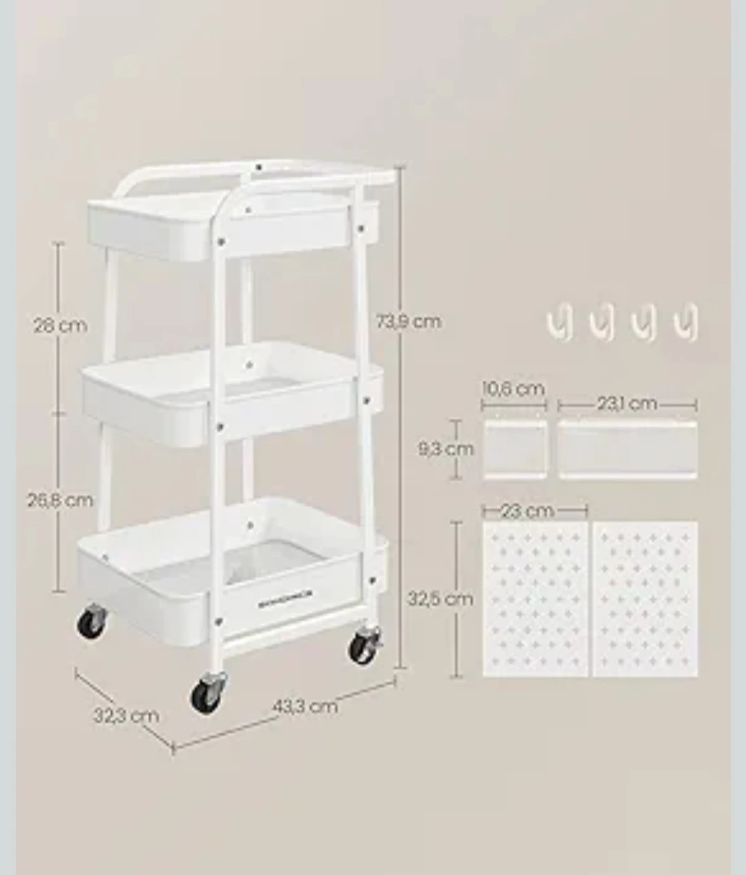 SONGMICS White 3-Tier Rolling Storage Cart - photo 4