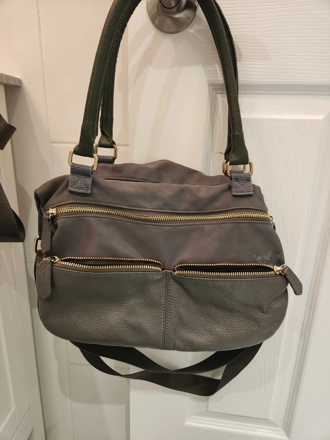 Grey Satchel Style Handbag w/Multiple Pockets(leather accent)
