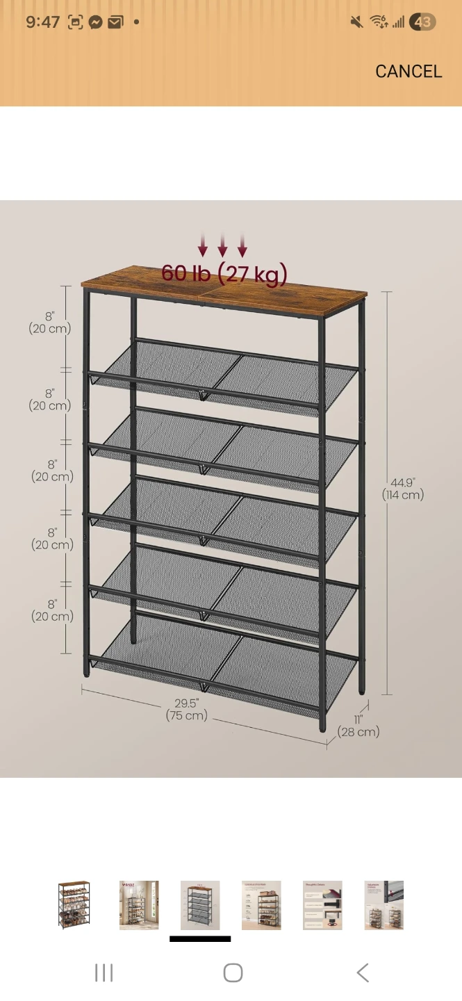 VASAGLE 6 Tier Shoe Rack - Industrial Style - photo 3