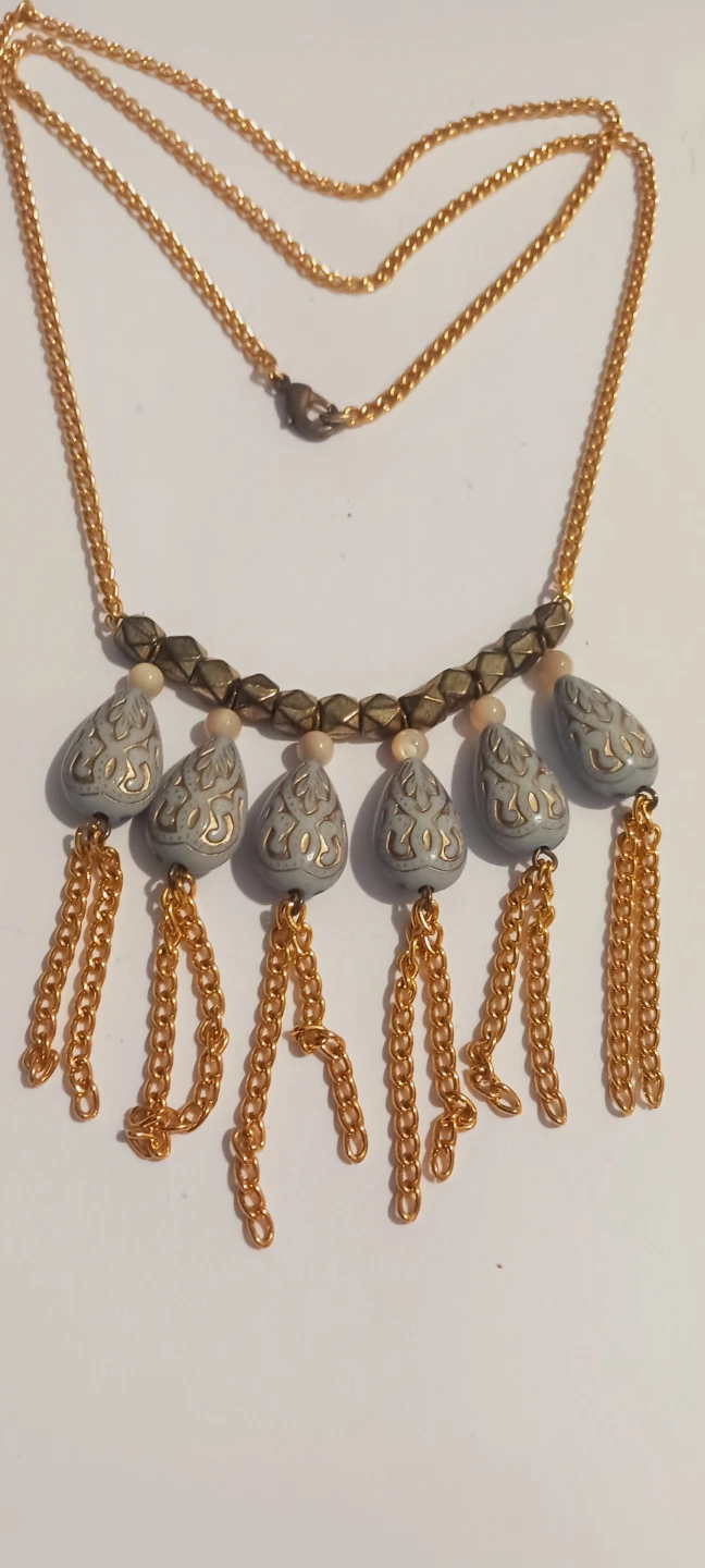 New !! Gold Tone Necklace with Blue Pendant Charms