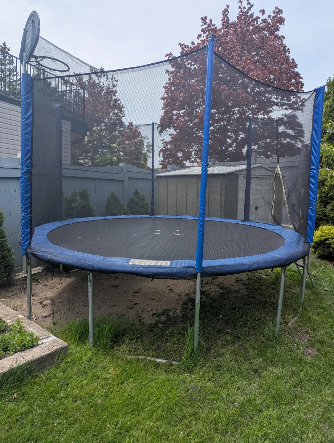 Trampoline with Safety Net and Basketball Hoop