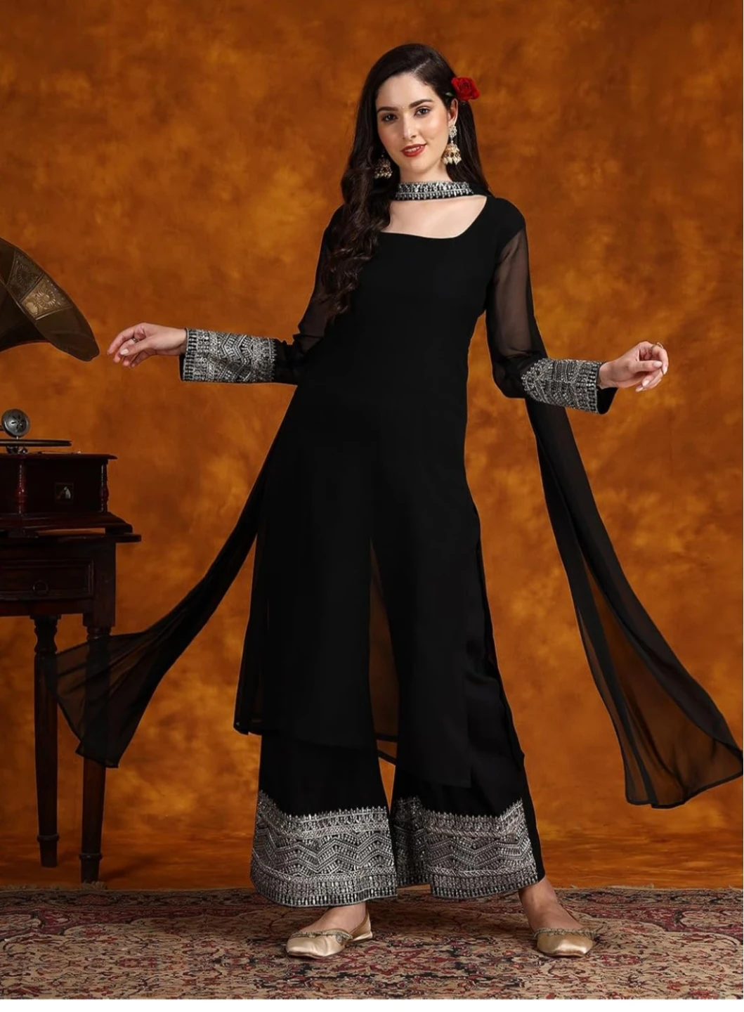 Black Salwar Kameez with Silver Embellishments - photo 2