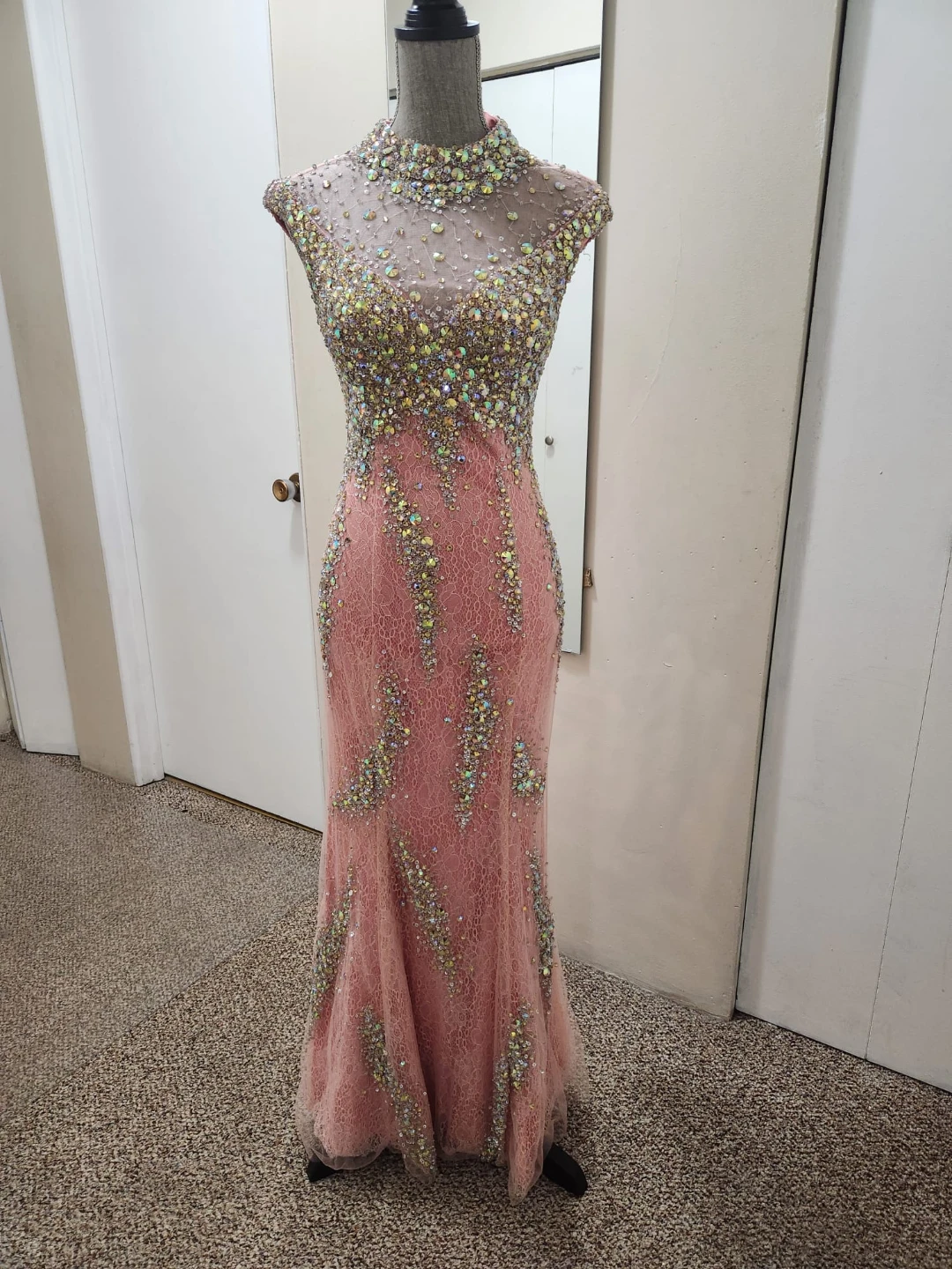Pink Beaded High Neck Mermaid Formal Gown