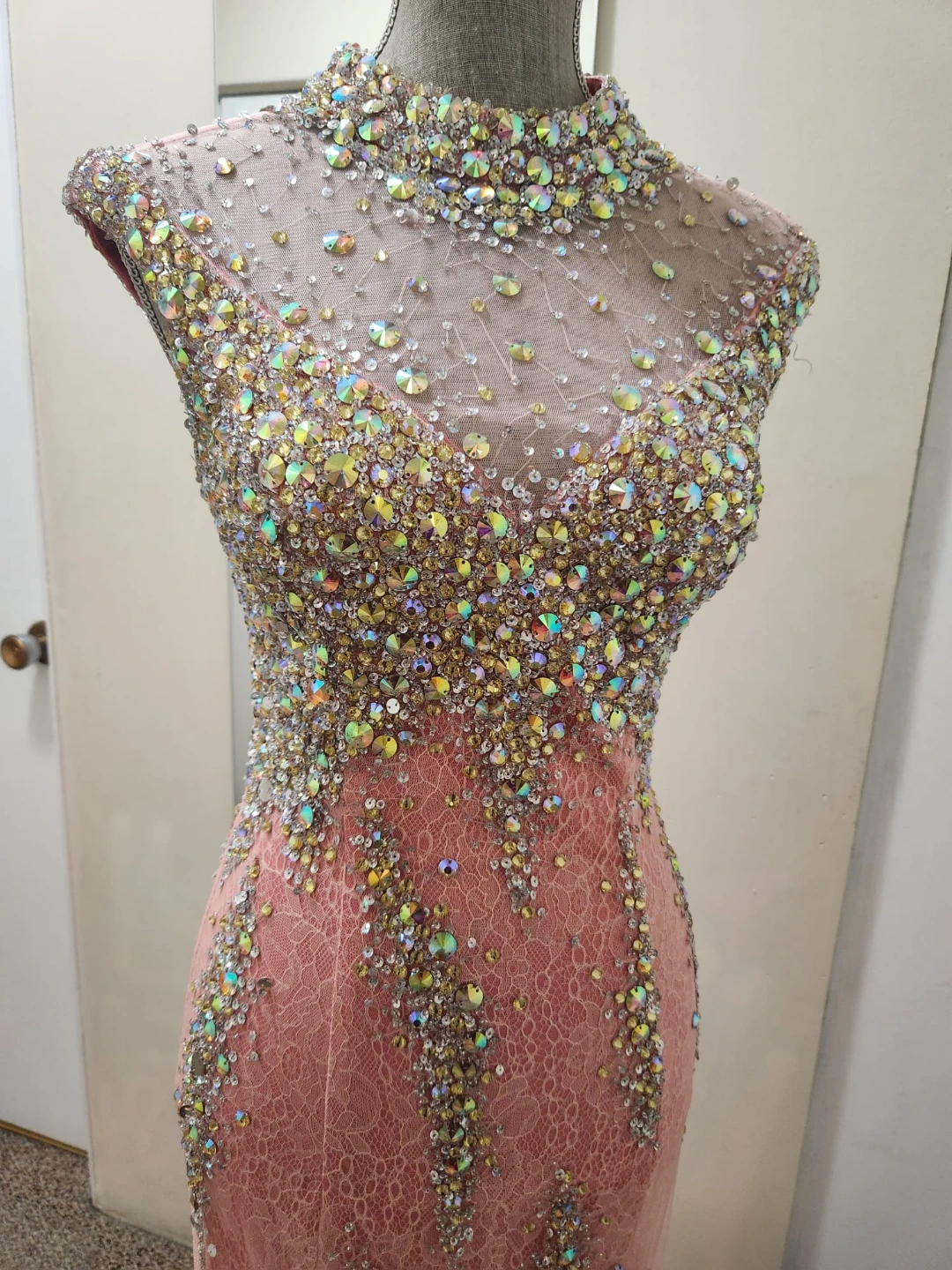 Pink Beaded High Neck Mermaid Formal Gown - photo 2