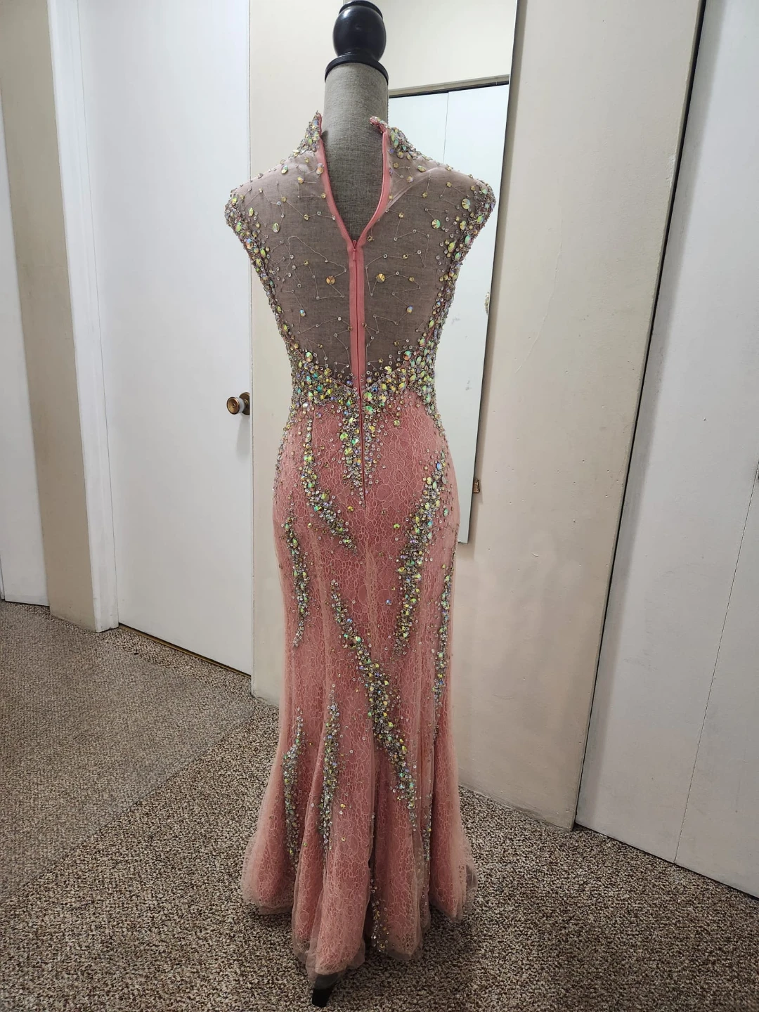 Pink Beaded High Neck Mermaid Formal Gown - photo 3