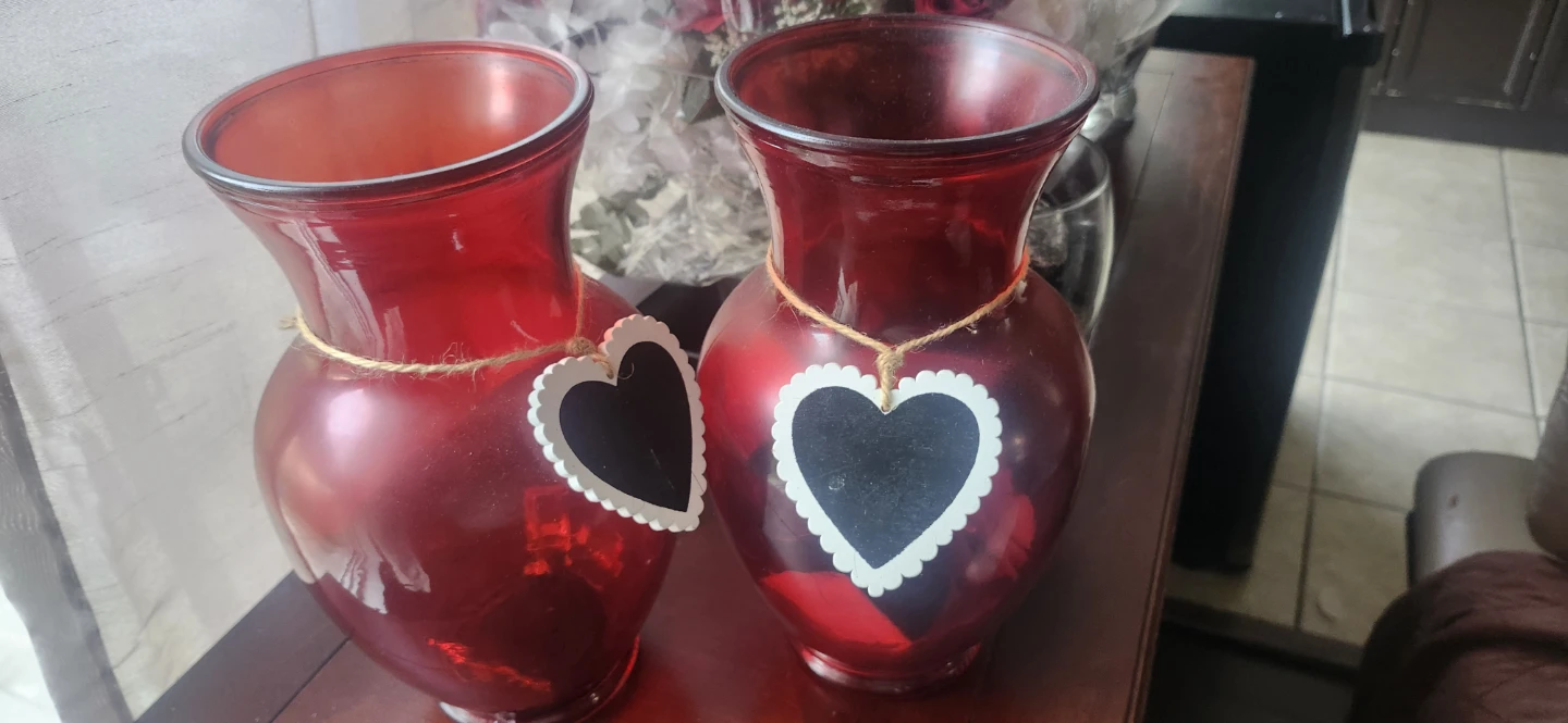 Set of 2 Red Glass Vases with Heart Chalkboards
