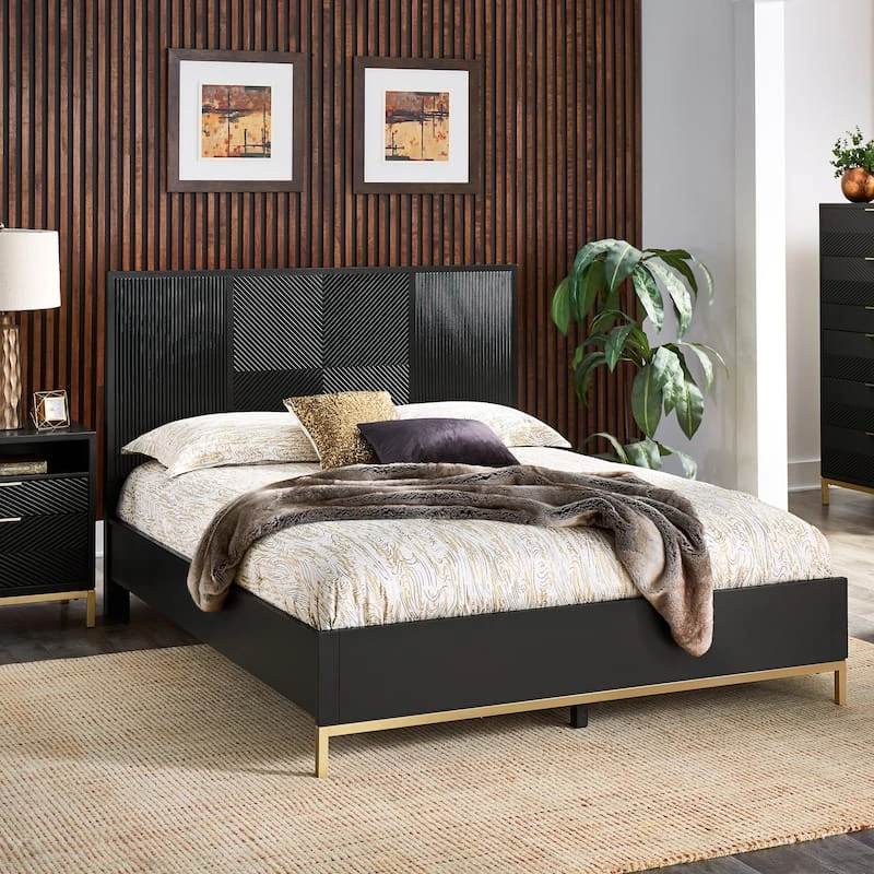 Black Modern Geometric king Bed Frame with Gold Legs