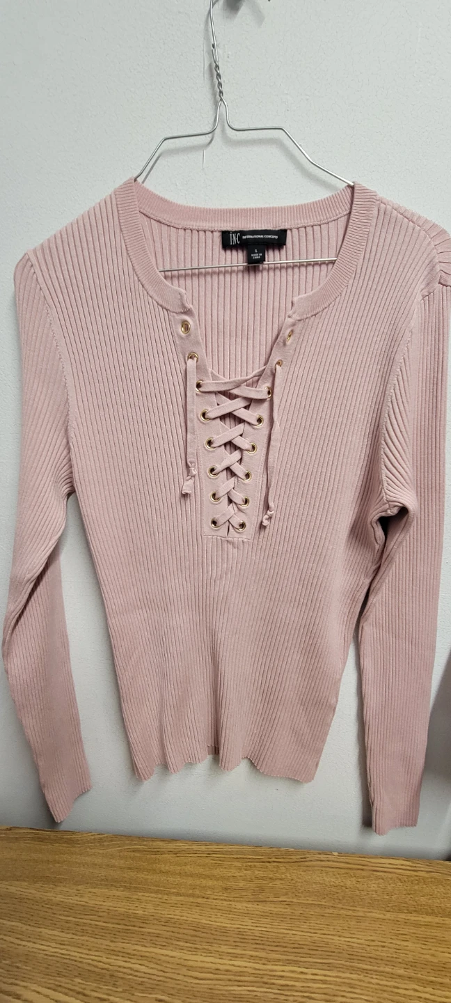 INC International Concepts Pink Lace-Up Ribbed Sweater