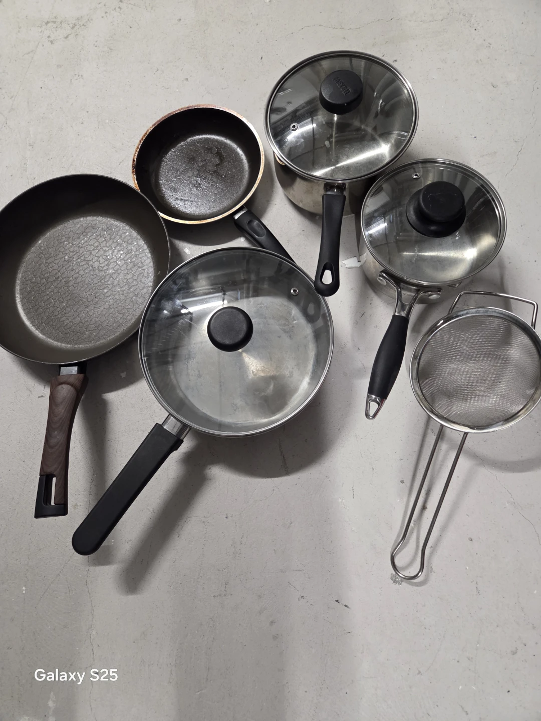 Assorted Pots, Pans, and Strainer