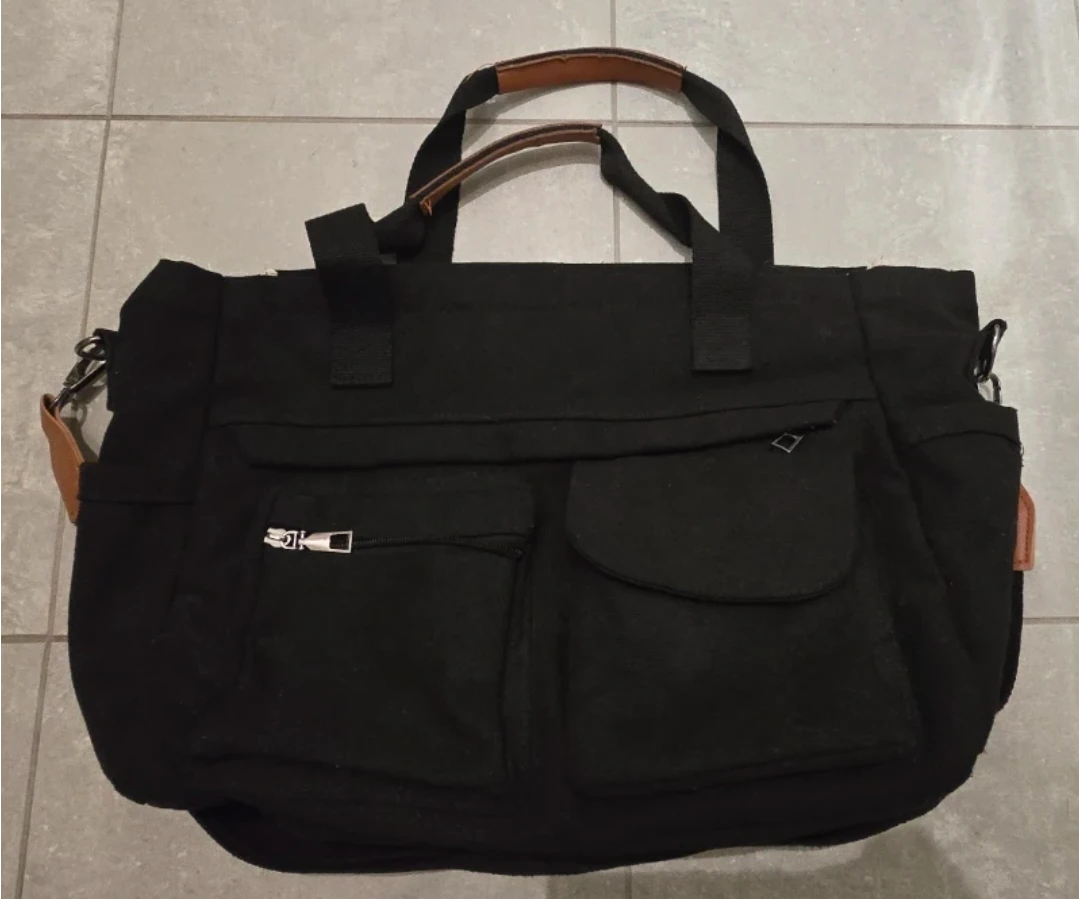 Black Canvas Tote Bag with Multiple Pockets