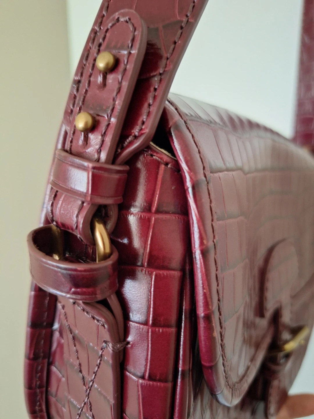 Burgundy Croc Embossed Shoulder Bag