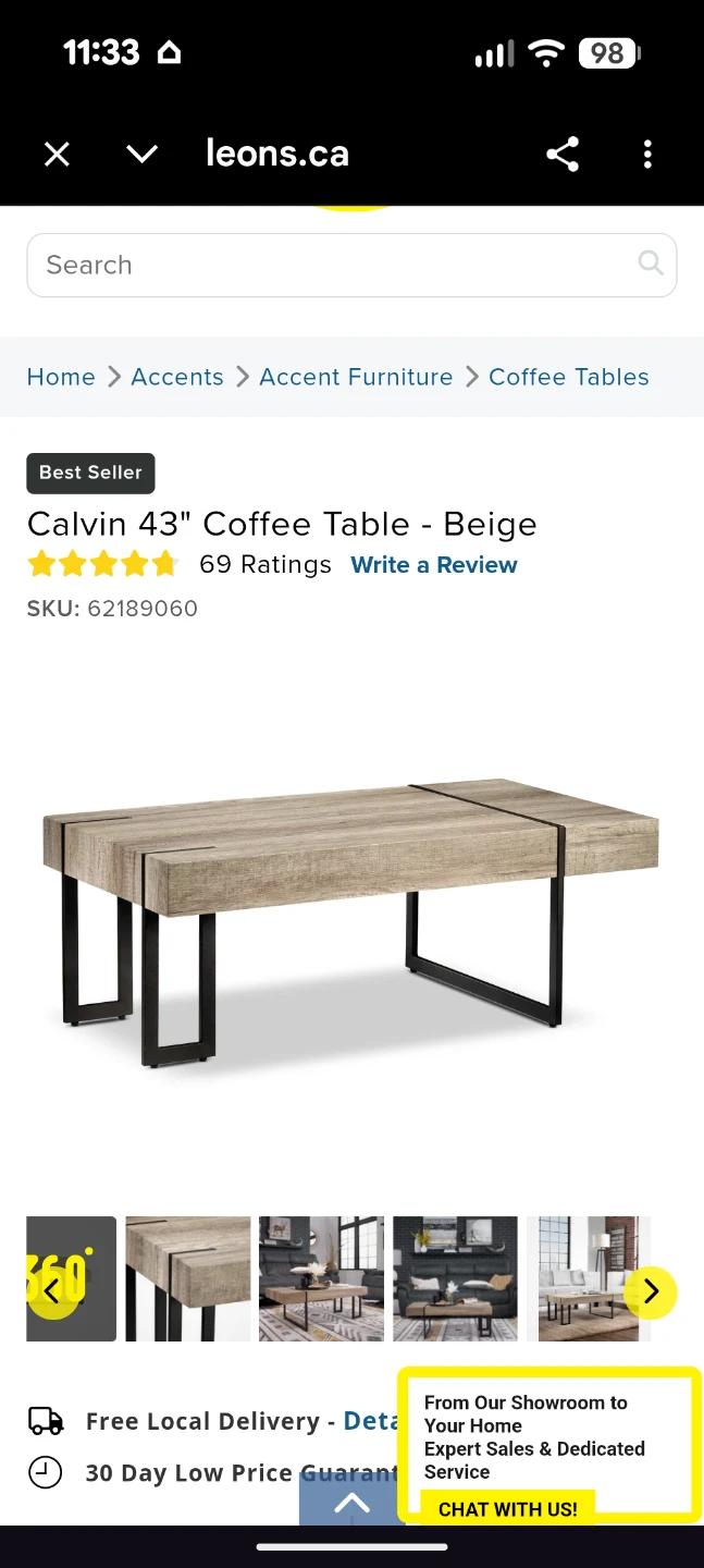 Calvin 43" Coffee Table - Beige - photo 5