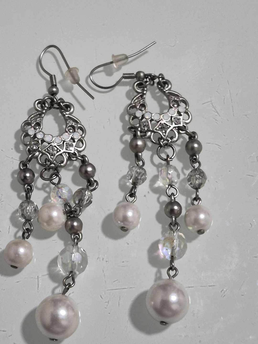 Silver Tone Chandelier Earrings with Pearls and Crystals
