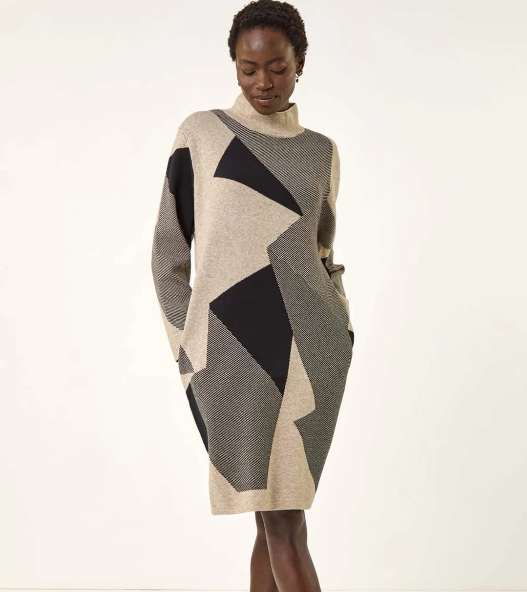 Women's Geometric Pattern Mock Neck Sweater Dress - photo 2