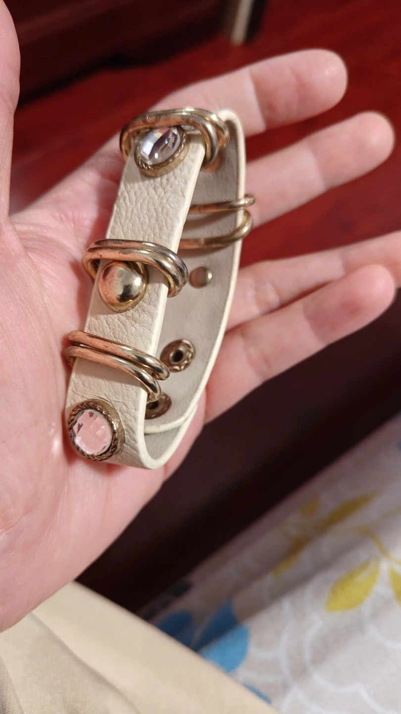 White leather-look bracelet with gold accents and rhinestones - photo 2