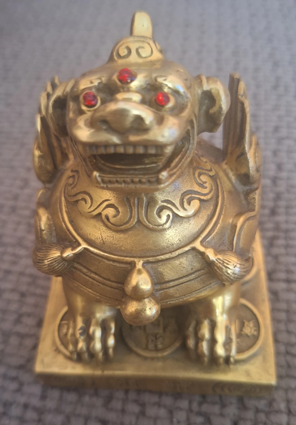 Brass Pi Yao Figurine with Red Gem Eyes