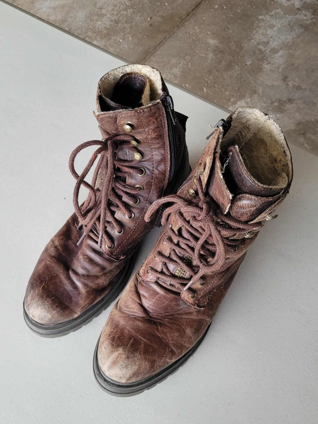 Brown Leather Lace-Up Combat Boots - Size 39