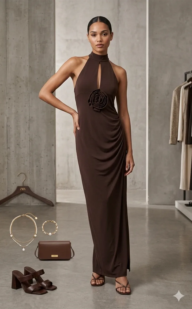 Zara Brown Halter Neck Maxi Dress with Rose Detail - Size M