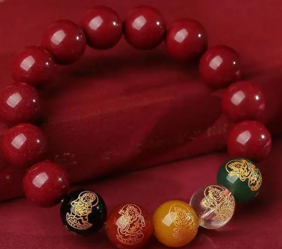 Red Cinnabar Bracelet with 5 Road Gods 8MM