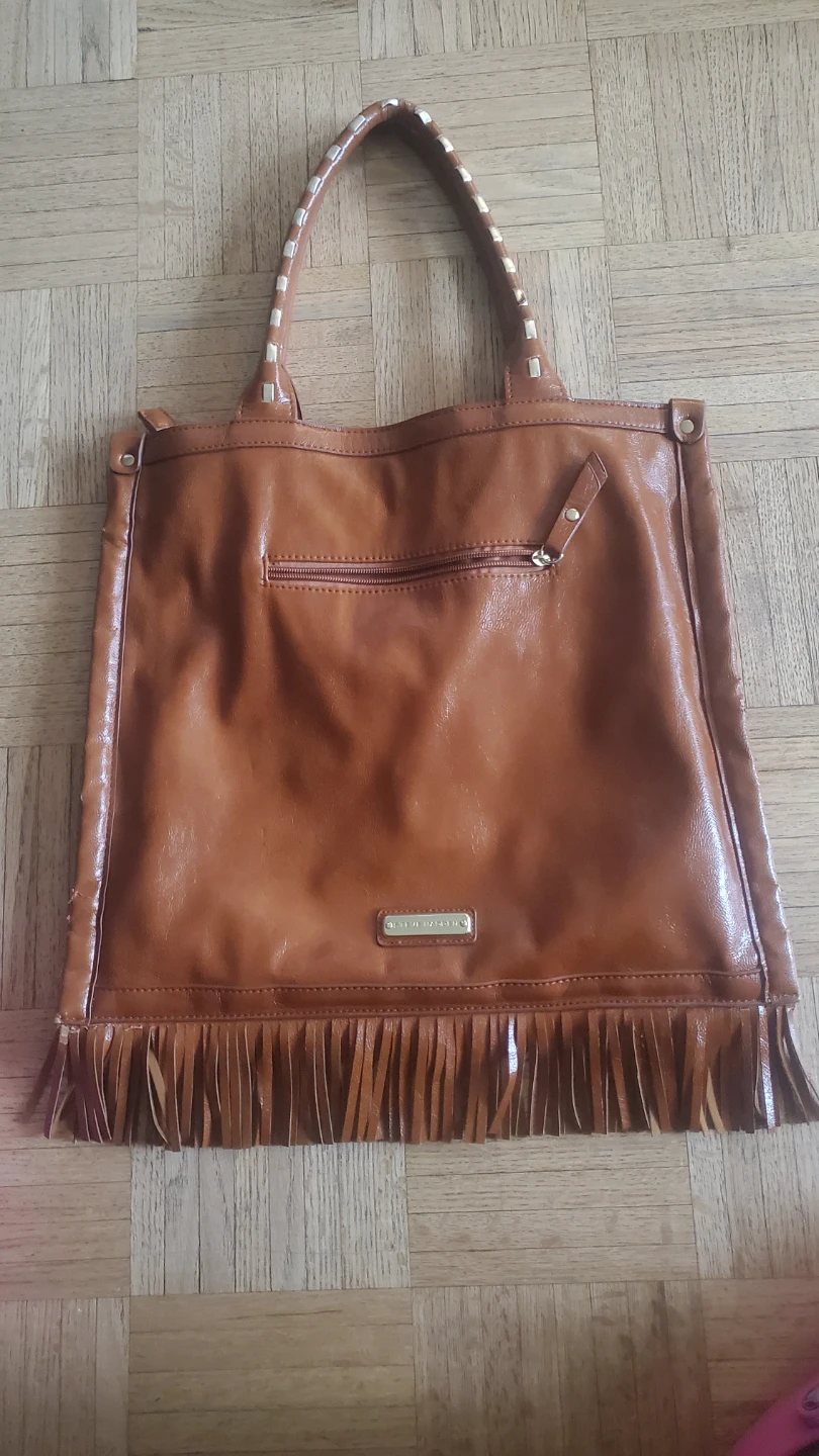 Brown Faux Leather Tote Bag with Fringe and Studs