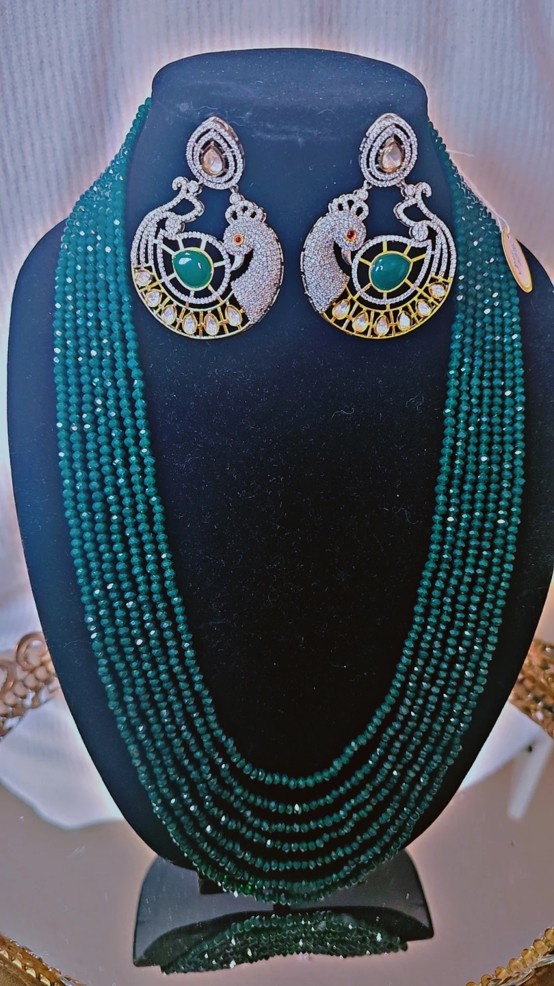 7 Layered Beaded crystal Necklace and Peacock Earrings Set