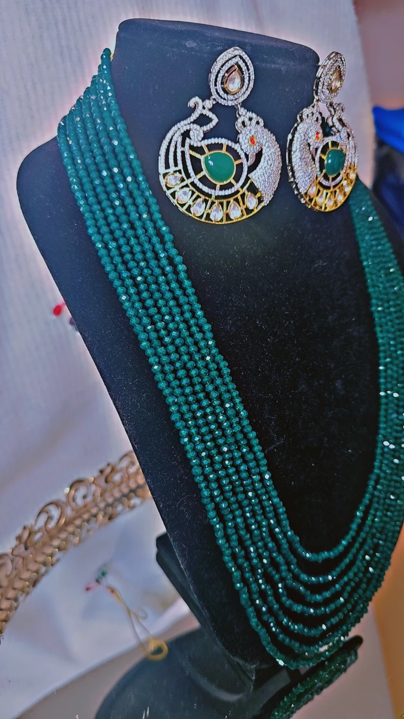 7 Layered Beaded crystal Necklace and Peacock Earrings Set - photo 2