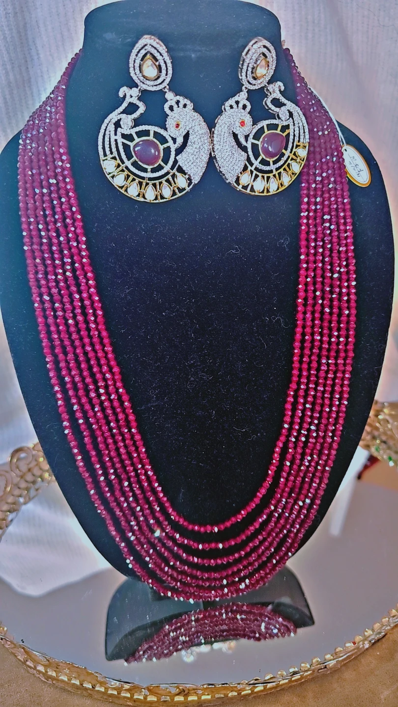 7 Layered Beaded crystal Necklace and Peacock Earrings Set - photo 3