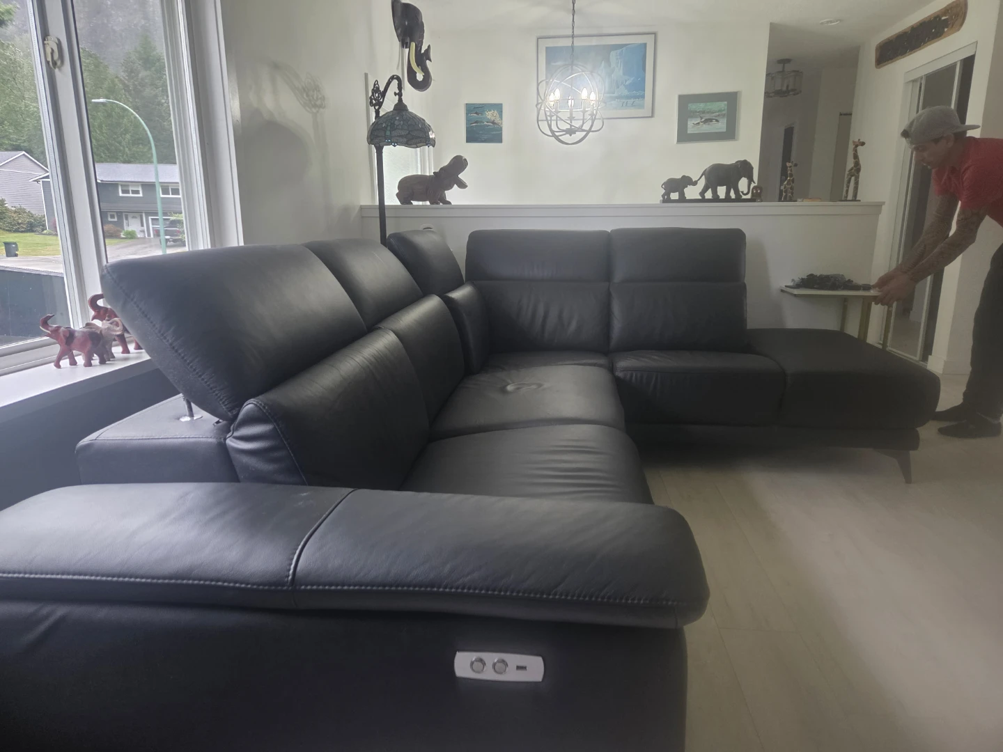 Black Leather Sectional Sofa with Recliner - photo 2