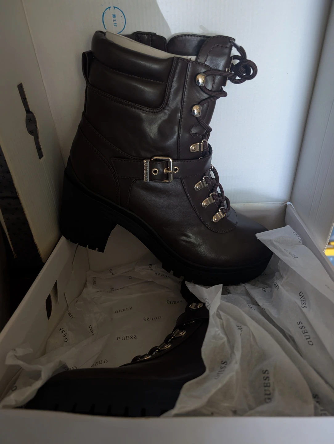 Guess Women's Brown Lace-Up Chunky Heel Boots