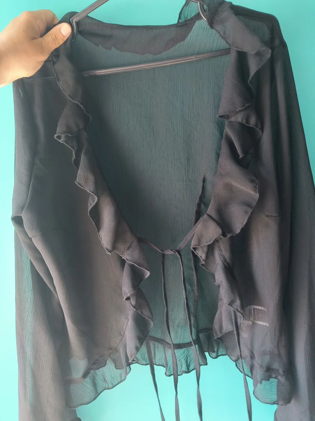 Black sheer ruffle open front cardigan