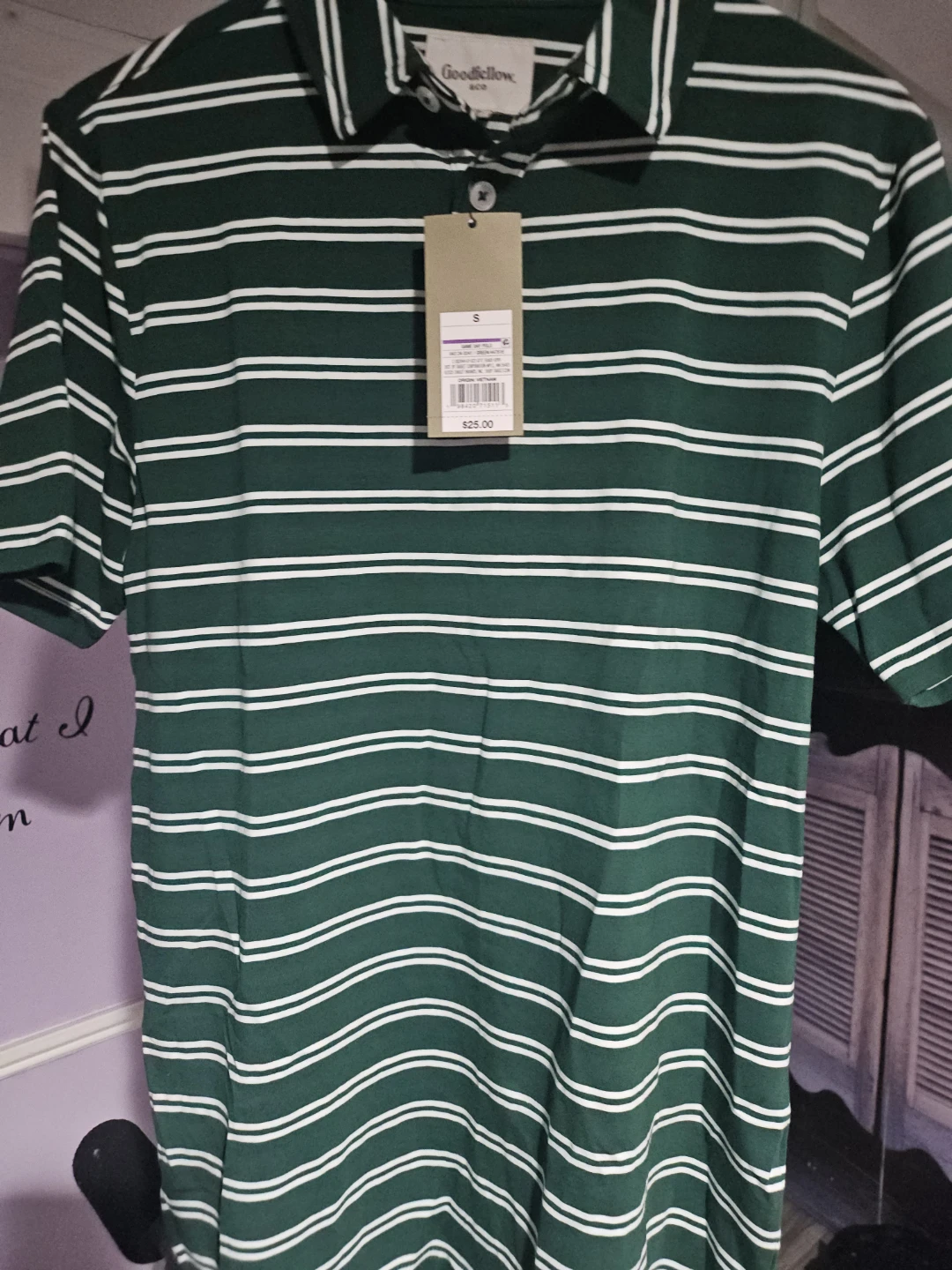 Goodfellow & Co Men's Green & White Striped Polo Shirt - Size S