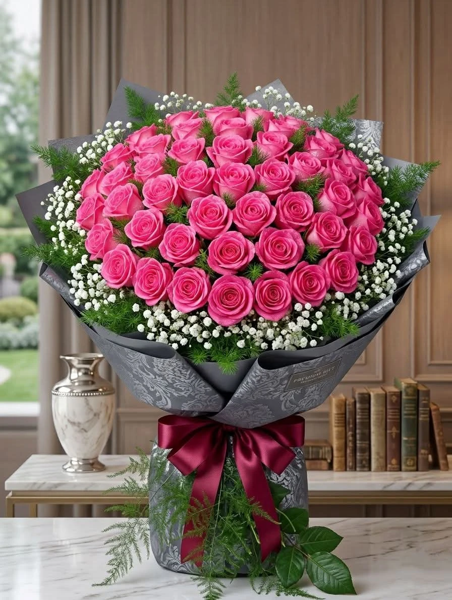 Large Bouquet of Pink Roses with Baby's Breath