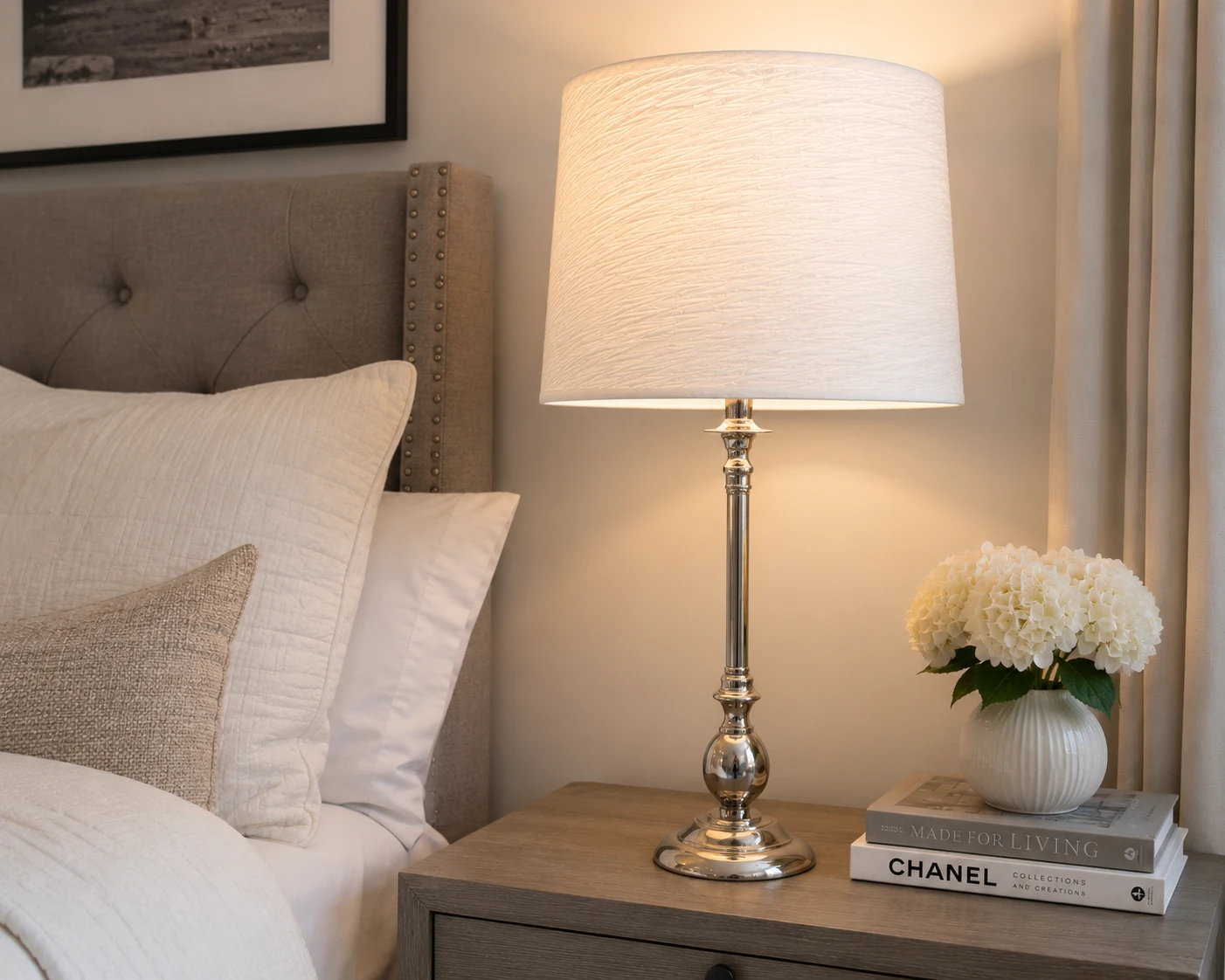 Silver Table Lamp with White Drum Shade