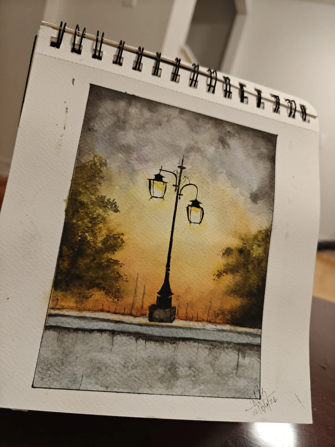 Watercolor Painting of a Lamppost at Sunset