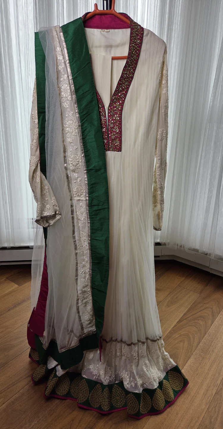 White Anarkali Dress with Green and Pink Trim