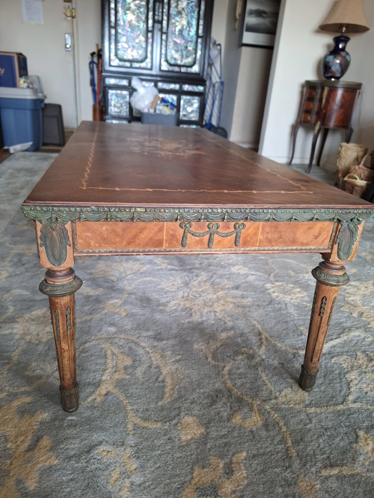 Vintage Wood Marquetry Coffee Table with Floral Inlay
