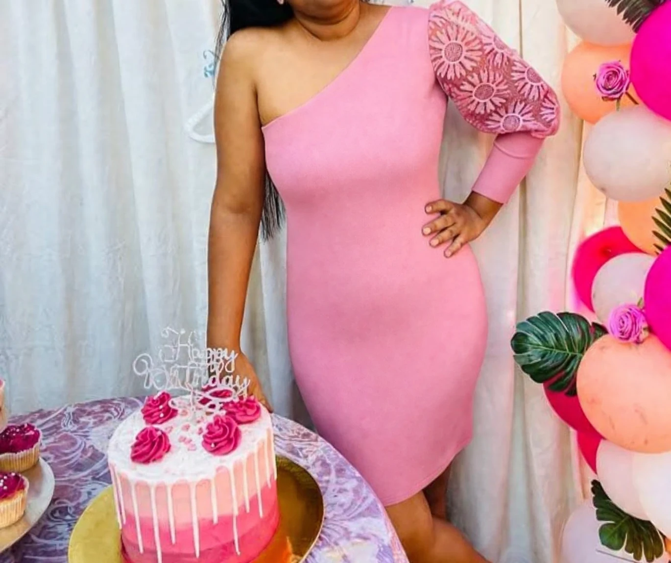 Pink One-Shoulder Dress with Lace Sleeve