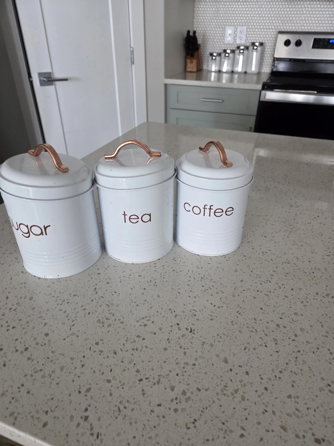 White Canister Set with Copper Handles (Coffee, Tea, Sugar)